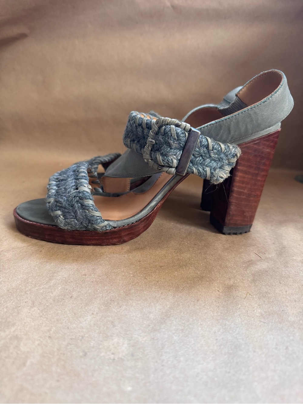 John Fluevog Tuggawar Hopscotch Leather Woven Fibre Strappy Heeled Sandals. 11.5 - Picture 4 of 15